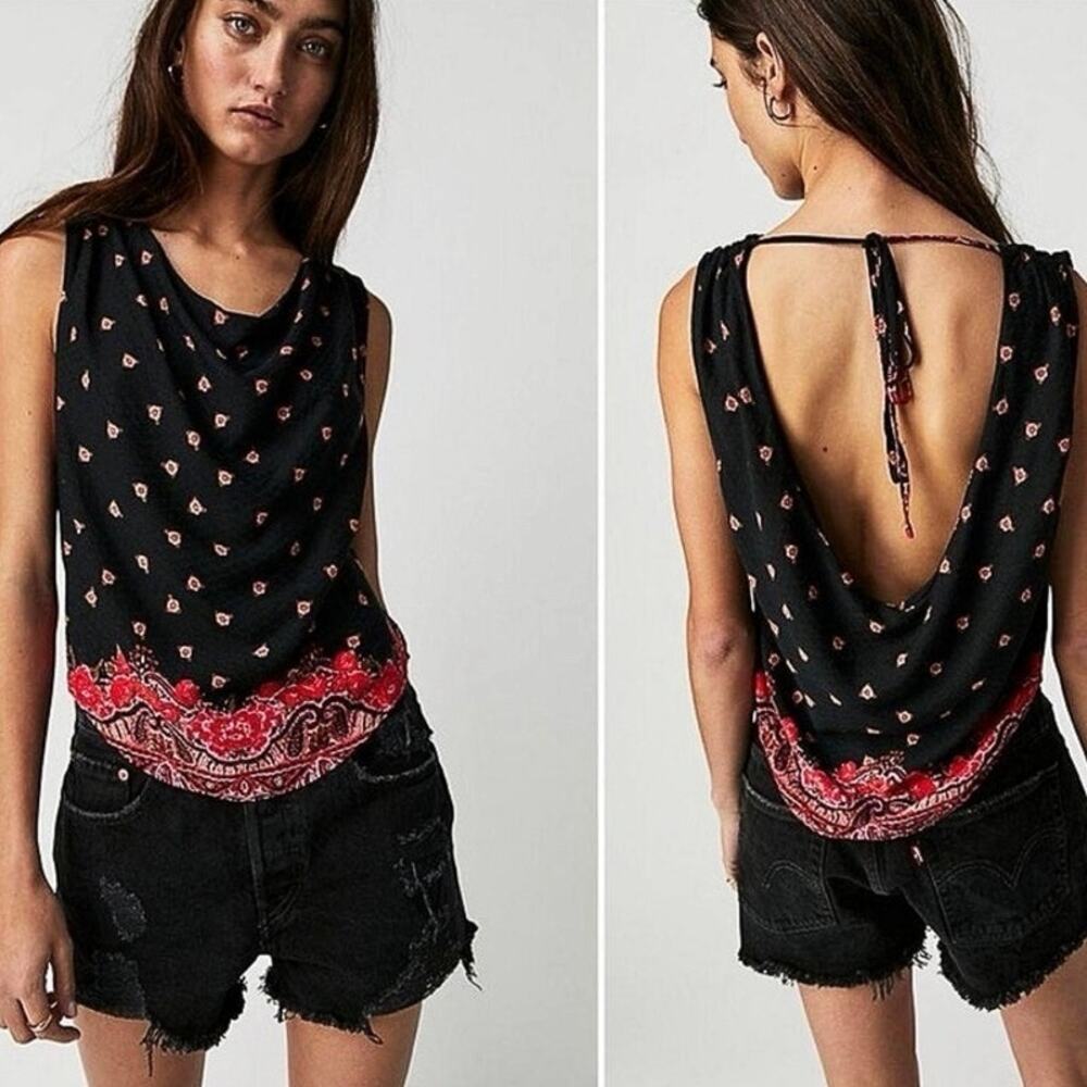 NEW Free People Silas Women's Black Red Floral Paisley Cowl Neck Tank Top Sz XS